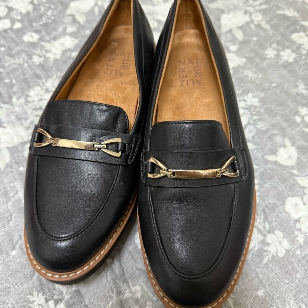 Naturalizer Black Leather Loafers with Gold Accent